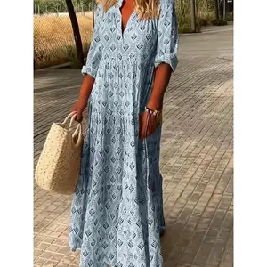 Women's Casual Elegant French Floral V-Neck Long Dress, Bohemian V-Neck Flower Print Maxi Dress, Seven-Sleeve Design, Loose Fit Slimming, ChicRAIMENTRY