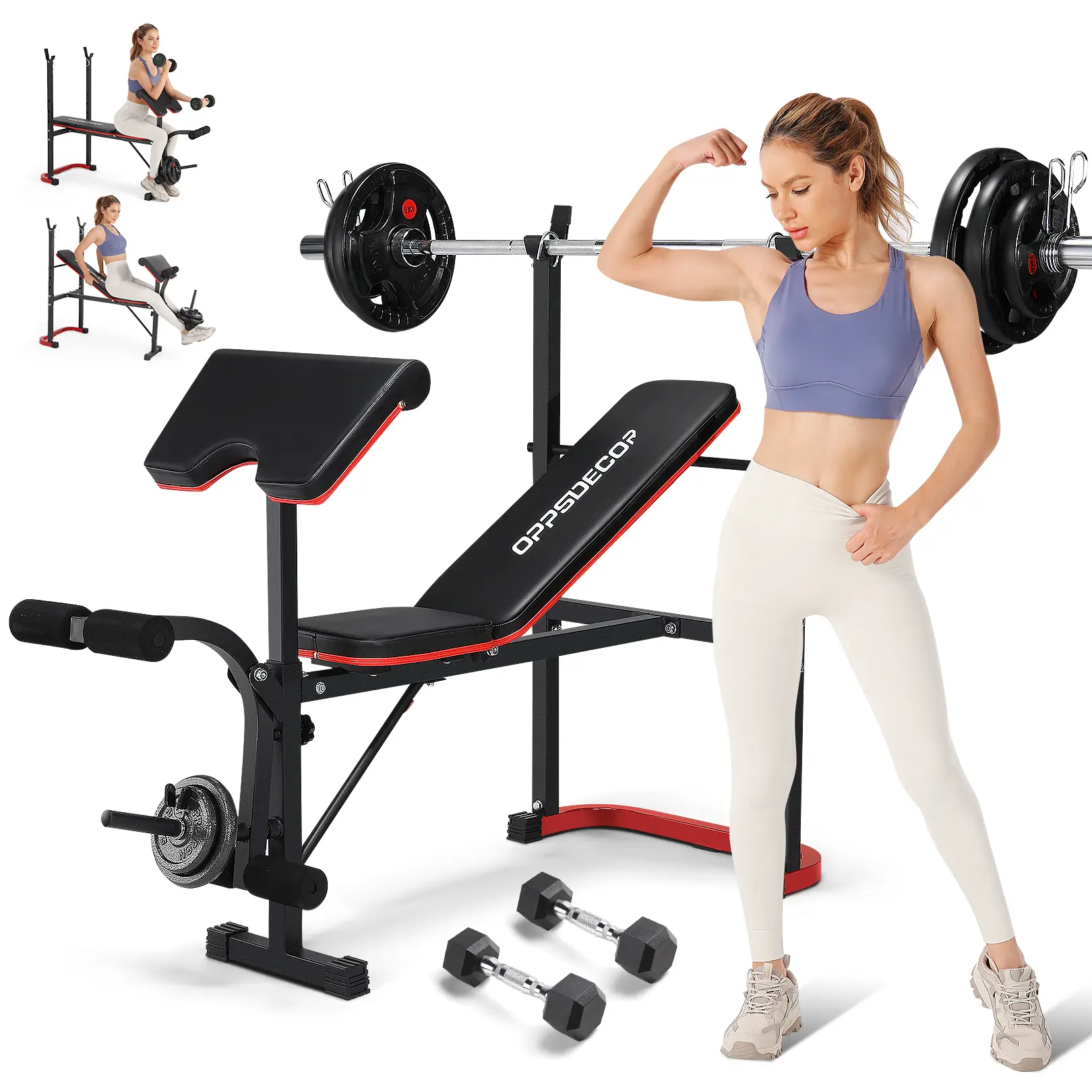 OPPSDECOR Adjustable Workout Weight Bench Set - Steel Frame, U-Shape Base, Customizable Design with Leg Developer & Preacher Curl Pad, Full Body Strength Training Bench with Squat Rack for Home Gym Stability,outdoorfun,SummerWins, Adjustable Workout Bench
