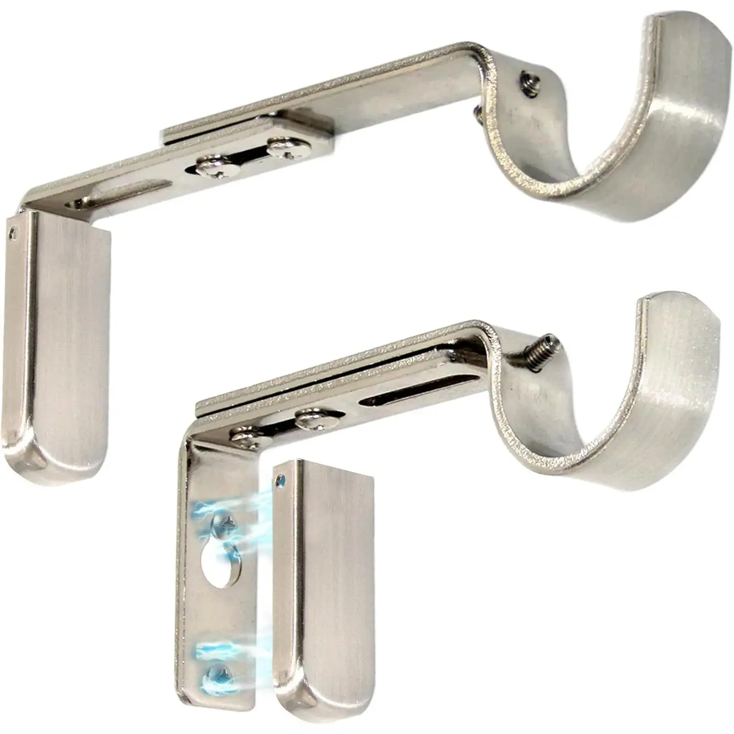 Adjustable Curtain Rod Brackets for Wall with Magnetic Cover, 5 inch Long Heavy Duty Curtain Rod Holders Extended Brackets, Window Hardware Holders Adjustable Mounting Support Brushed Nickel Set of 2