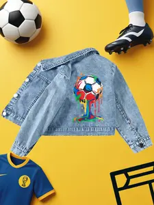 Boys' Colorful Football Print Short Denim Jacket, Light Blue Washed Lapel Single Button, Soft Breathable World Cup School Game Sportswear