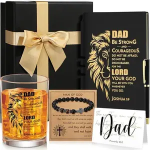 10 Pcs Easter Gift for Men Dad Gift Set Christian Gift with Leather Tray Tumbler Toiletry Travel Bag Sock Scented Candle Wood Knife, Leather Gift Box From Son Daughter Wife for Father's Day Holiday Anniversary Birthday