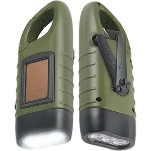 2-Pack Hand Crank Solar  Flashlight,  Rechargeable LED  Flashlight, Quick Snap Carbiner Dynamo Flash Light  for Outdoor , Green