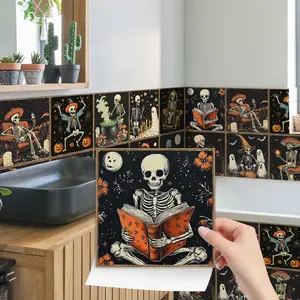 24PCS Gothic Skull Crystal Film Wall Sticker | Oil Painting Style, Peel-and-Stick Waterproof Tiles, Skull Decal, Decor