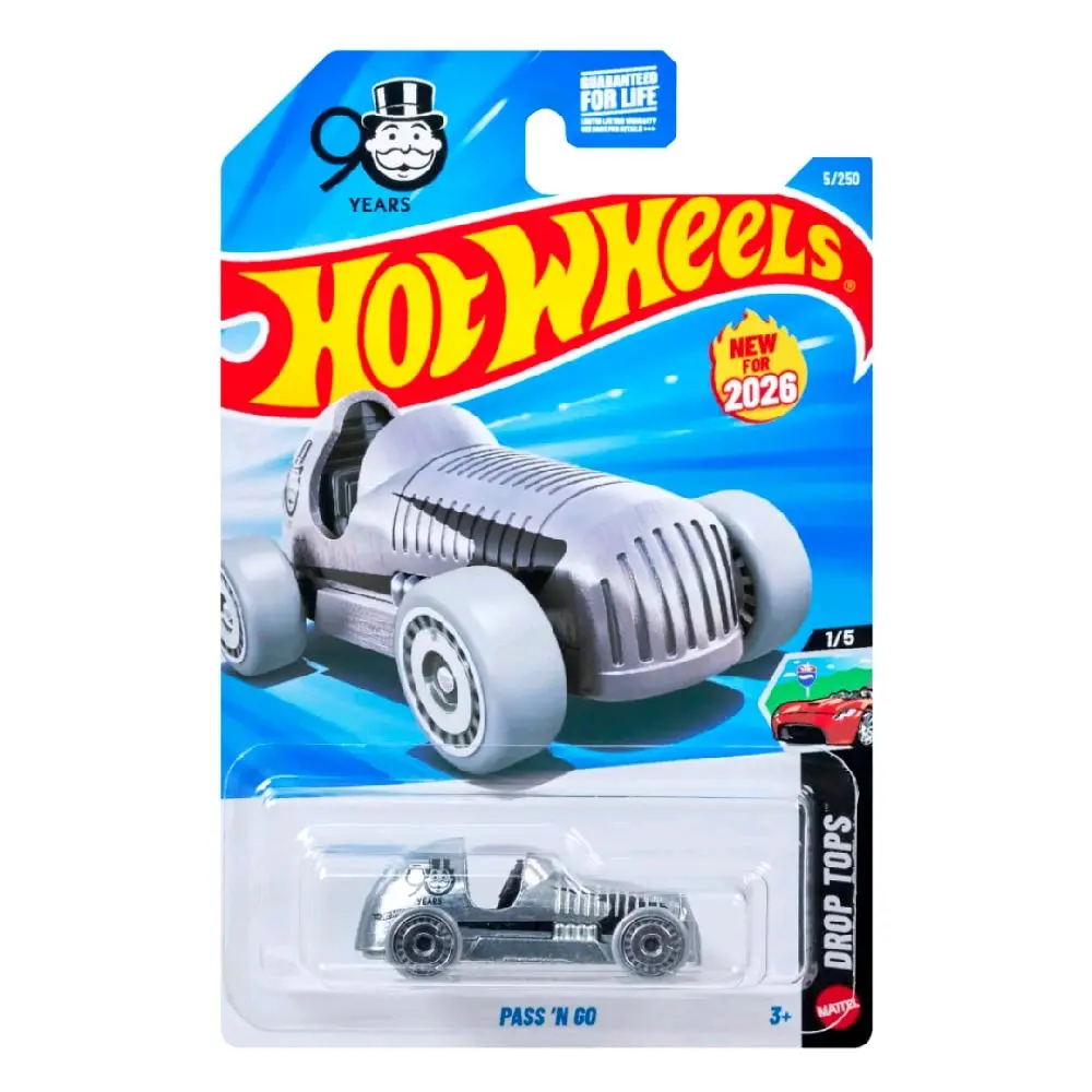 Hot Wheels Pass 'n Go Silver Collectible Diecast Model Car, 2026 5/250 Drop Tops, 1/5 Monopoly 90 Years Edition, Collectible Model Car