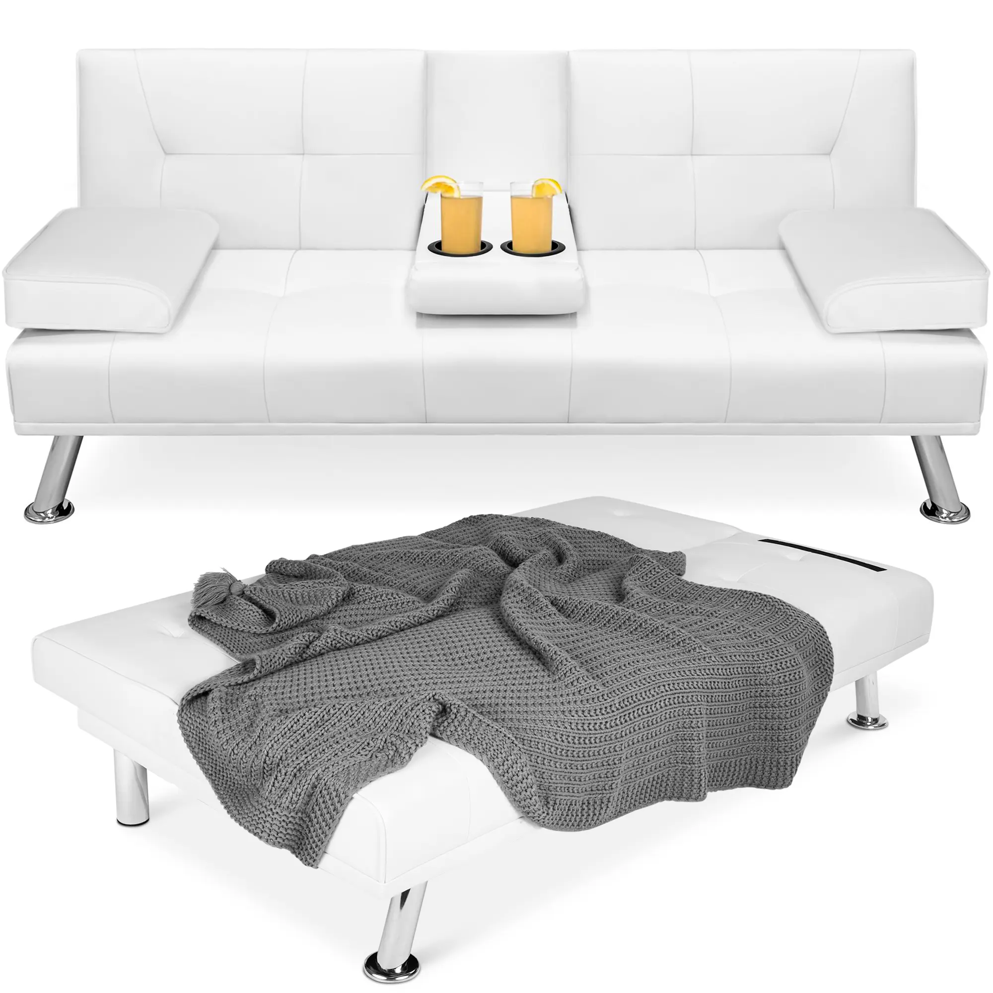 Best Choice Products Modern Faux Leather Convertible Futon Sofa w/ Removable Armrests, 2 Cupholders