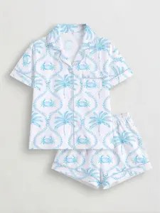 Women's Crab Palm Tree Print Pajama Set, Short Sleeve Button-Up Top & Elastic Shorts, Casual All-Season Sleepwear for Home & Party