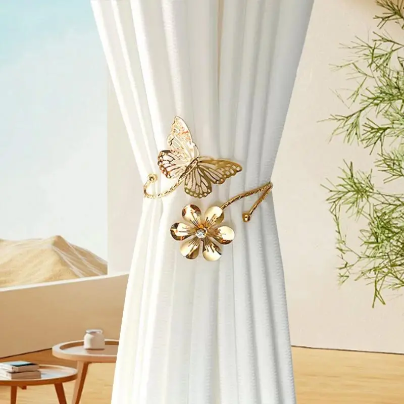 Butterfly & Flower Design Curtain Tieback, 2 Counts Modern Metal Curtain Tieback, Adjustable Curtain Buckle for Home Living Room Bedroom Office Decor, Interior Decoration Accessories, Curtain Tie Backs For Curtains