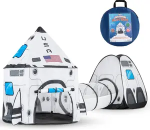 White Rocket Ship Pop up Play Tent with Tunnel and Playhouse Indoor Outdoor Spaceship Tent Set, Christmas Gifts for Kids Outdoor Play Toy Boys