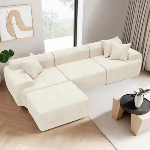 119’’ Modular Sectional Sofa Couch with Chaise, Deep Seat Cloud Couch for Living Room, Modern Chenille Upholstered Sectional with Throw Pillows, Compression Modular Sofa for Apartment Bedroom, Beige