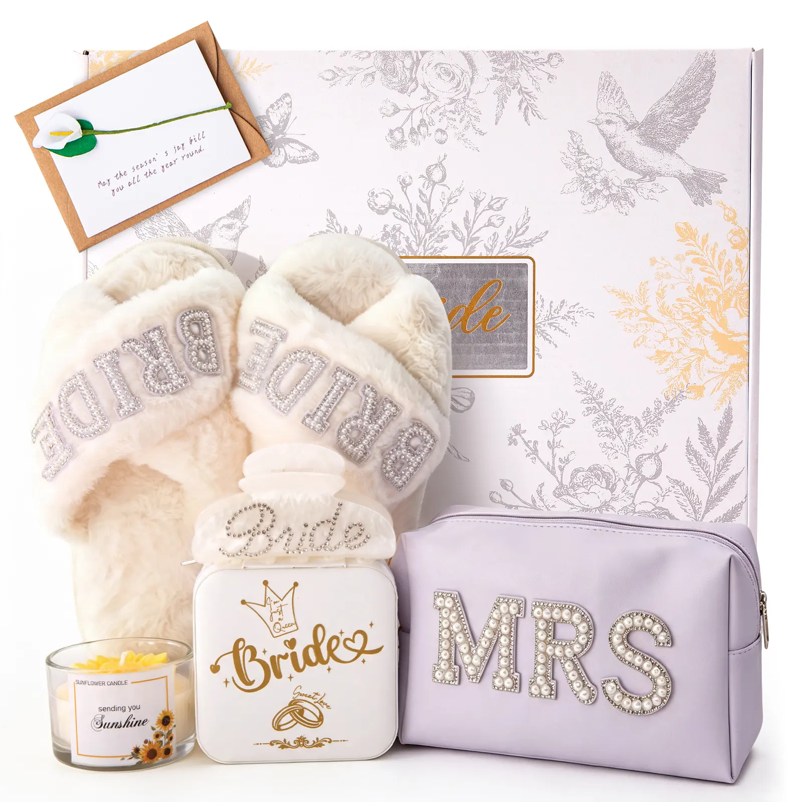 Thoughtful Bridal Shower Presents for Bride-To-Be, 7 Piece Luxury Gift Set Featuring Bride Slippers, Mrs Jewelry Box, Hair Clip, Scented Candle, Cosmetic Bag & Greeting Card, Perfect for Wedding, Engagement & Bachelorette