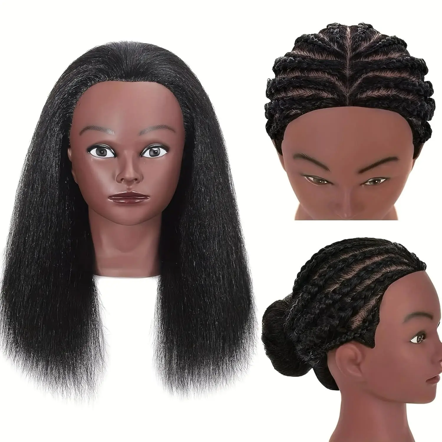 Human Hair Mannequin  for Braiding, 16 inch  Manikin Doll  with Real Hair for Styling Black Mannequin  with Stand