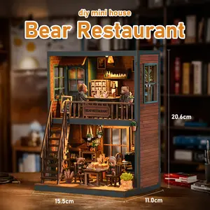 Bear Restaurant Book Nook Kit – DIY Miniature Two-Story Dining Room with Staircase & LED Lights, 3D Dollhouse Bookshelf Insert, Cute Bear Figurines & Cozy Decor, Unique Craft Gift for Adults