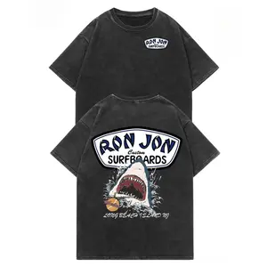 Unisex Ron Jon Surfboard Shark Pattern Washed T-Shirt |      Retro Beach Surfing Aesthetics |     Y2K casual streetwear |     Fashionable Summer Vacation Tops |     Unisex fashion, suitable for casual vacations