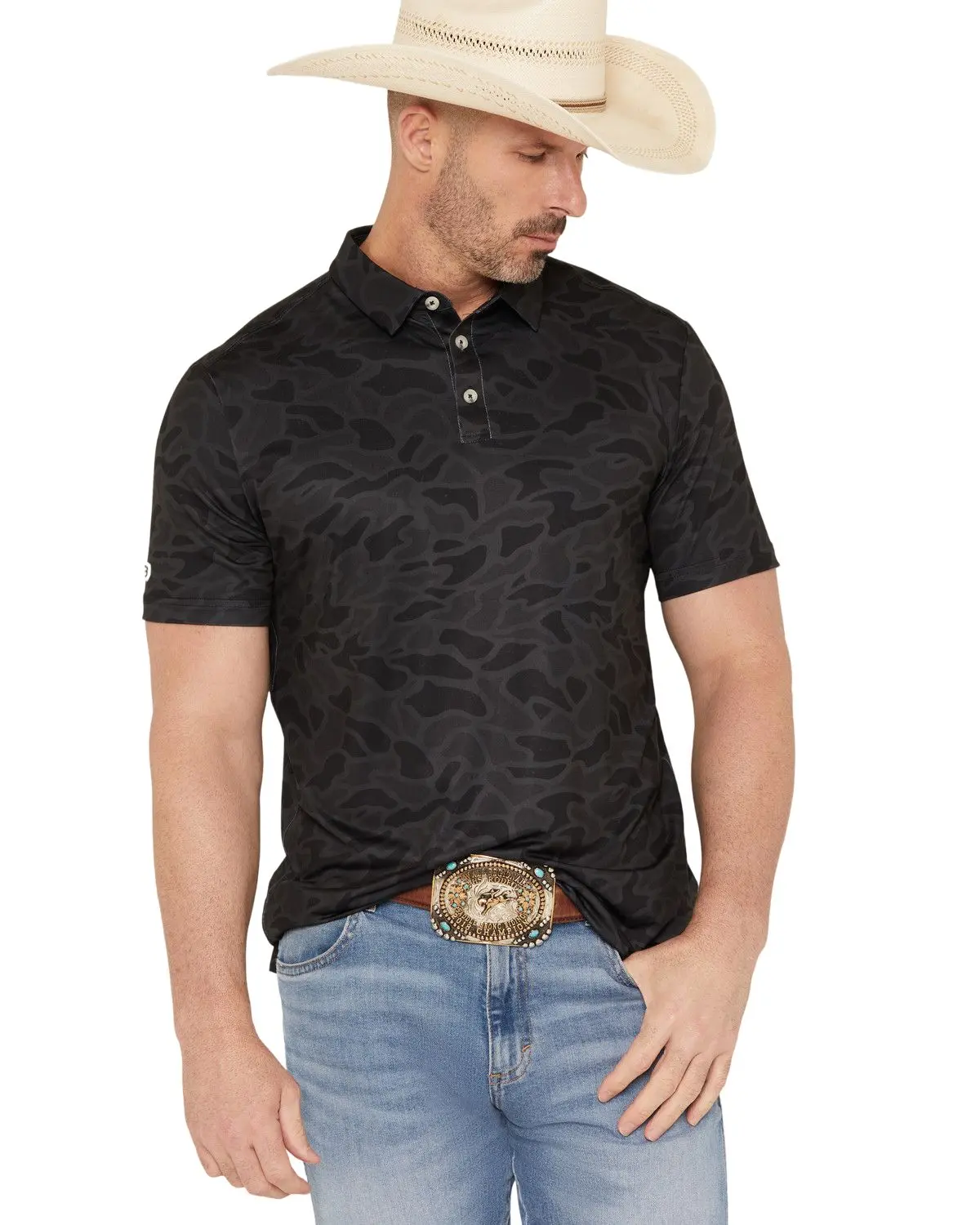 Burlebo Men's Men'S Camo Print Short Sleeve Button-Down Stretch Polo Shirt - Pp-Blkc