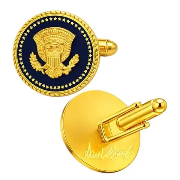 Donald Trump Signature 24K Gold-Plated Blue Cobalt Eagle Cufflinks, 50-Star Presidential Cuff Links for Men with Black Presentation Gift Box