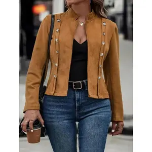 【Plus Size】 Solid Button Decor Mock Neck Jacket, Casual Long Sleeve Outerwear for Women, Women's Plus Clothing for Winter