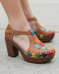 Mexican Leather Sandals for Women with Heels & Embroidered Flowers Handmade Style 4280 Round Toe Genuine Leather Upper Comfortable Ethically Made