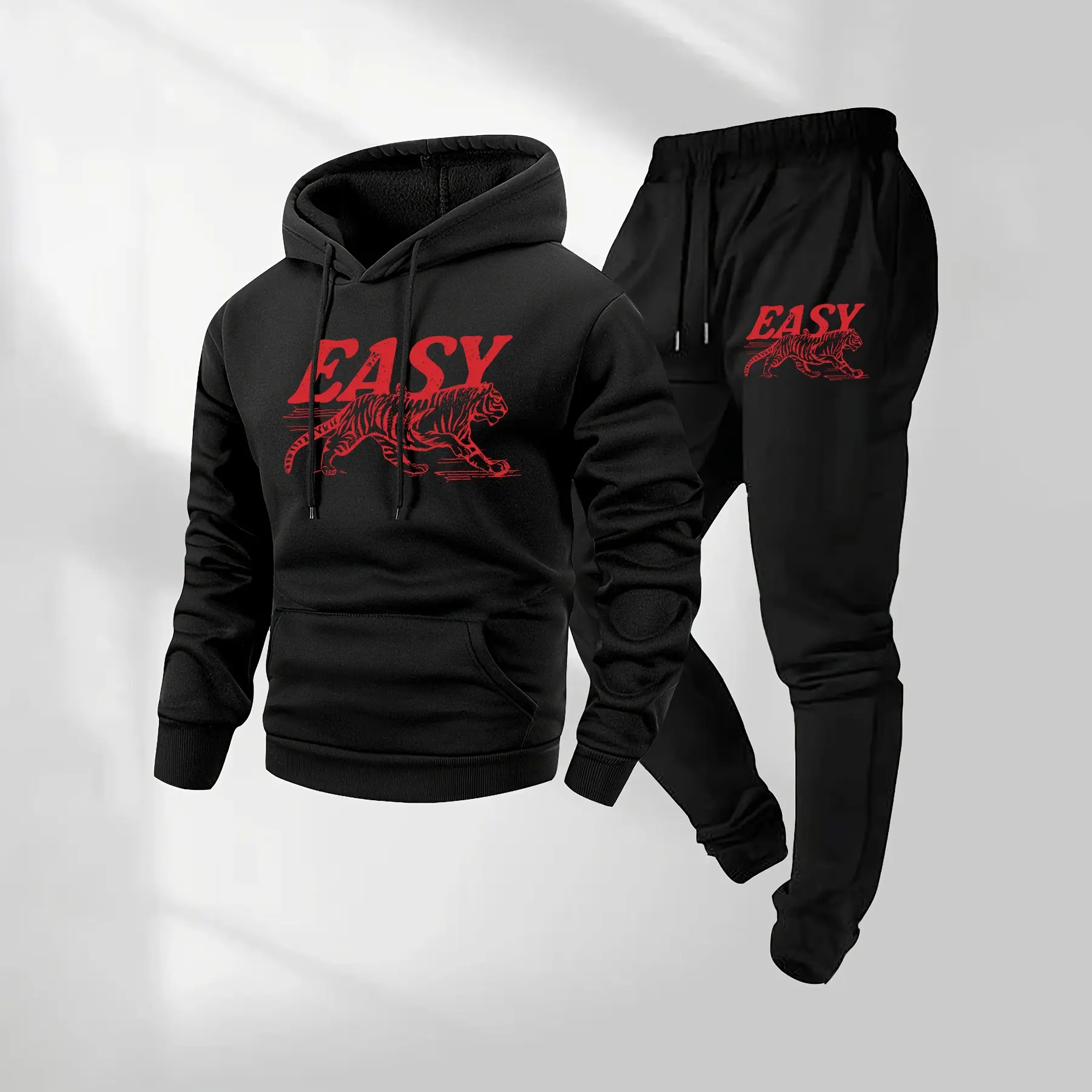 Men's Easy Tiger Print Hoodie And Drawstring Sweatpants Set, Men's Casual Sportswear, Long-Sleeved Hooded Jacket And Trousers, Suitable For Autumn And Winter, Men's Everyday Wear, Indoor And Outdoor Sportswear, Tracksuit, Casual Sportswear