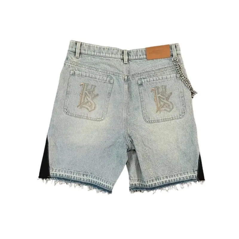 (New)NewVintage Patchwork Denim Shorts for Men & Women - Slim-Fitting Wide-Leg Y2K Jeans with Cartoon Graphics & Tropical Patterns - Machine Washable Streetwear Bottoms - Patterned