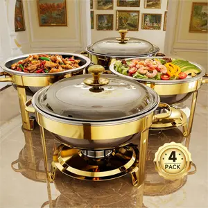 Buffet chafing dishes, 4-pack 5 qt round stainless steel chafing dish set for home parties, Christmas gatherings, catering events — complete buffet warmer set (Gold 4)