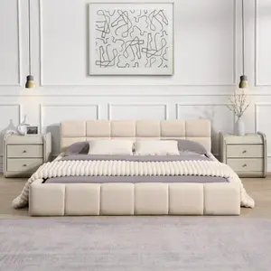 Ultra Plush Beige Chenille Upholstered Modern Platform Bed Frame - Queen/King Size with Checkerboard Headboard, Indoor Bedroom Furniture, King Size Bed Frame