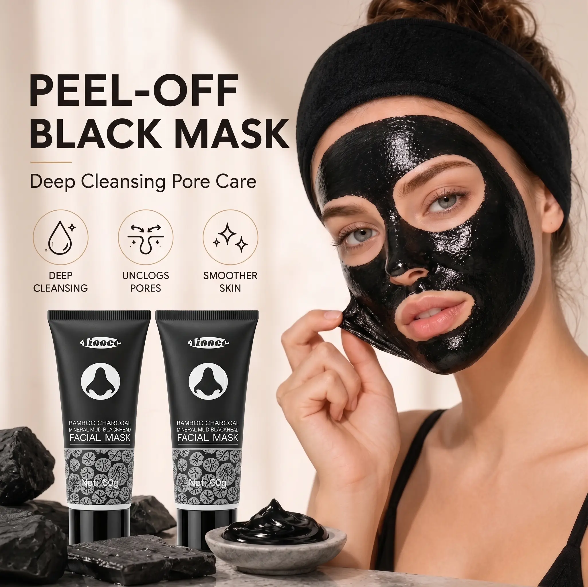 Bamboo Charcoal Blackhead Remover Face Mask - 50g Deep Cleansing Peel-Off for Nose & Face, Pore Control, Purifying Skincare Solution with Gentle Exfoliation