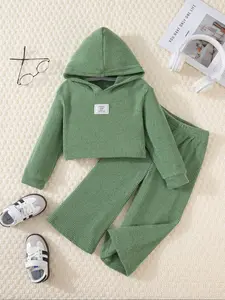 Girls Hooded Sweatshirt Casual Outfit Set, Cool College Style Short Top & Wide Leg Pants, Suitable for Ages 1-7, Daily/campus Wear
