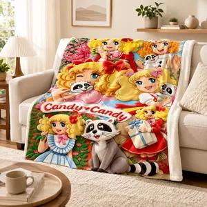 Vintage Candy Candy Anime Flannel Blanket Classic Cartoon Girl Raccoon Print Soft Plush Throw Blanket Ultra Cozy Lightweight Blanket for Bed Sofa Couch Bedroom Dorm Room Decor Anime Fans Birthday Gift Retro Style Blanket