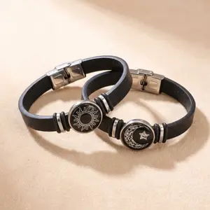 Glow In Dark Sun Moon Matching Couple Bracelet , Adjustable Leather Rope Pendant Jewelry, Romantic Long Distance Relationship Gift For Men Women