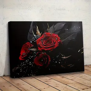 1 Piece Gothic Style Red Rose Bouquet Framed Canvas Painting - Black Feathers and Berries Romantic Floral Wall Art, Vintage Decor, Vintage Wooden Frame - Living Room, Bedroom, Office Hanging Painting - Victorian Plant Print Art