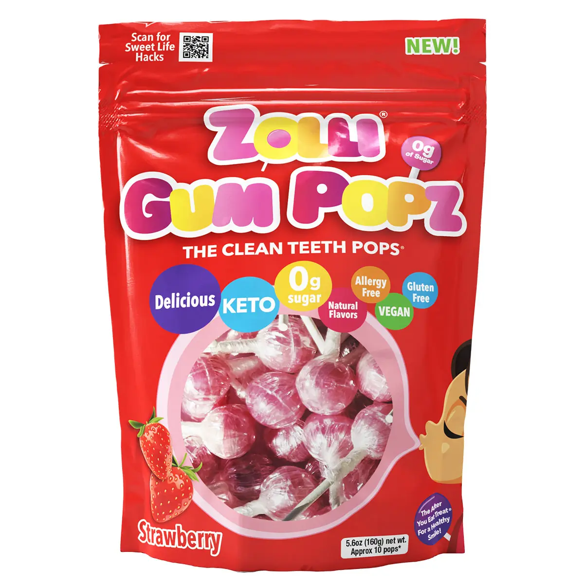 Zolli Gum Popz Resealable Pouch Approx 10 Big Sugar Free Gum Pops Snack Candy Strawberry Blow Pops Learning Batch #27 Sweet Pop Gumball Mix