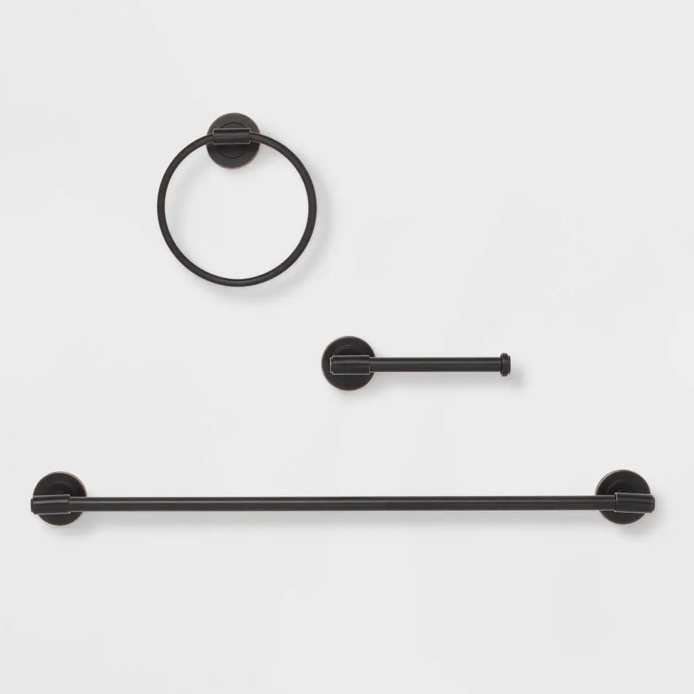 3pc Oil Rubbed Bronze Clean Bath Hardware Set for Bathroom Decor, Indoor Use - Zinc & Stainless Steel Threshold, Toilet Tissue Holder Included