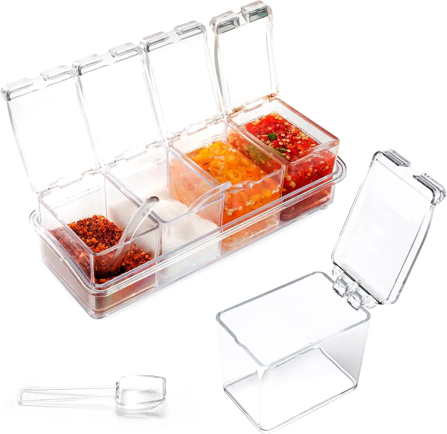 SICANDAENHK Transparent Eco-Friendly Heat-Resistant Spice Canister Organizer Set with Scoop & Utensils - Reusable Plastic Food Storage Containers for Food, Dorm Room & RV Home Kitchen Organization, Reusable Food Container