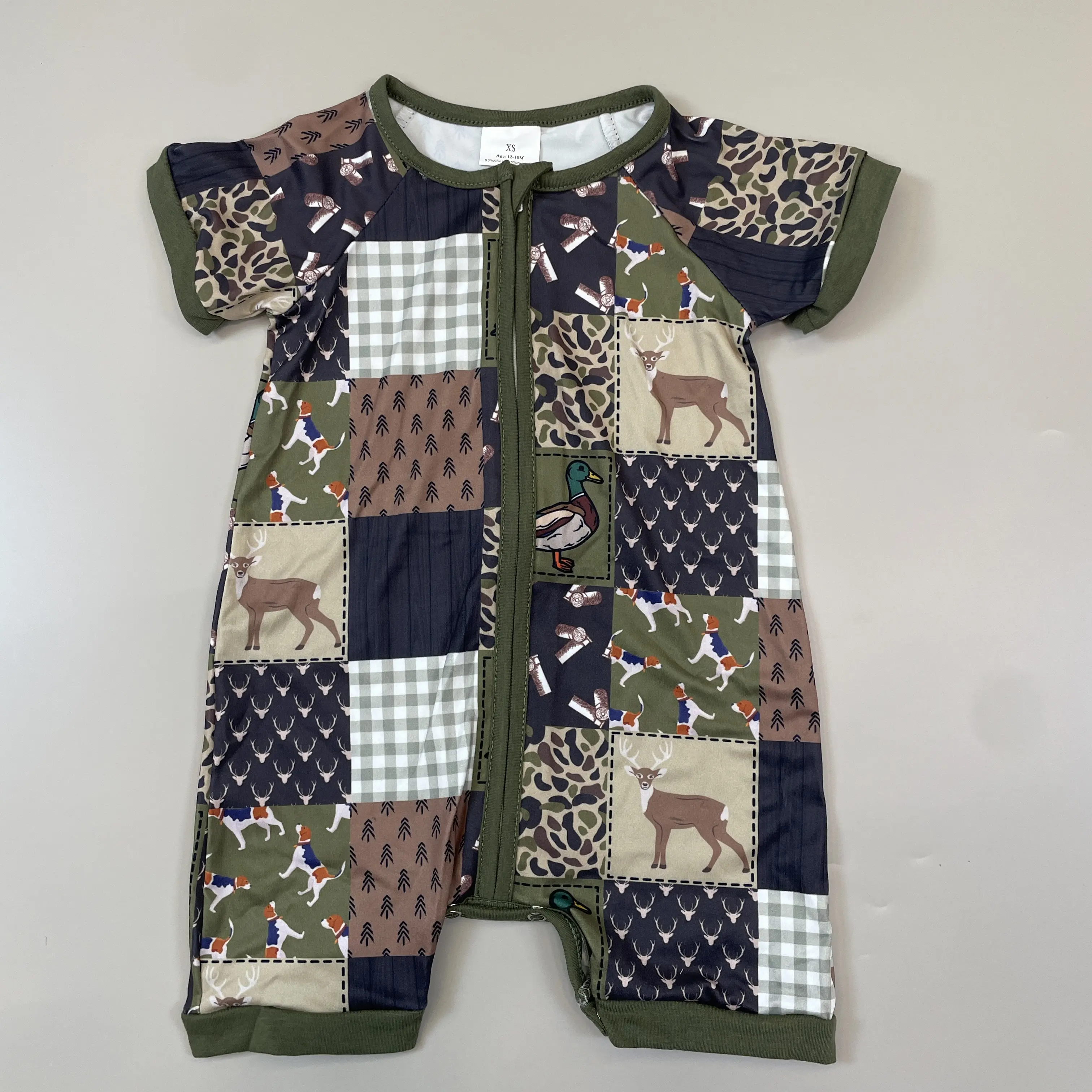 Baby Boy Camo Zip Romper - New Born Clothes, Infant Toddler Clothes, Unisex Size Animal Print Deer Hunting Summer Bodysuit with Chain Detail, Spandex Blend