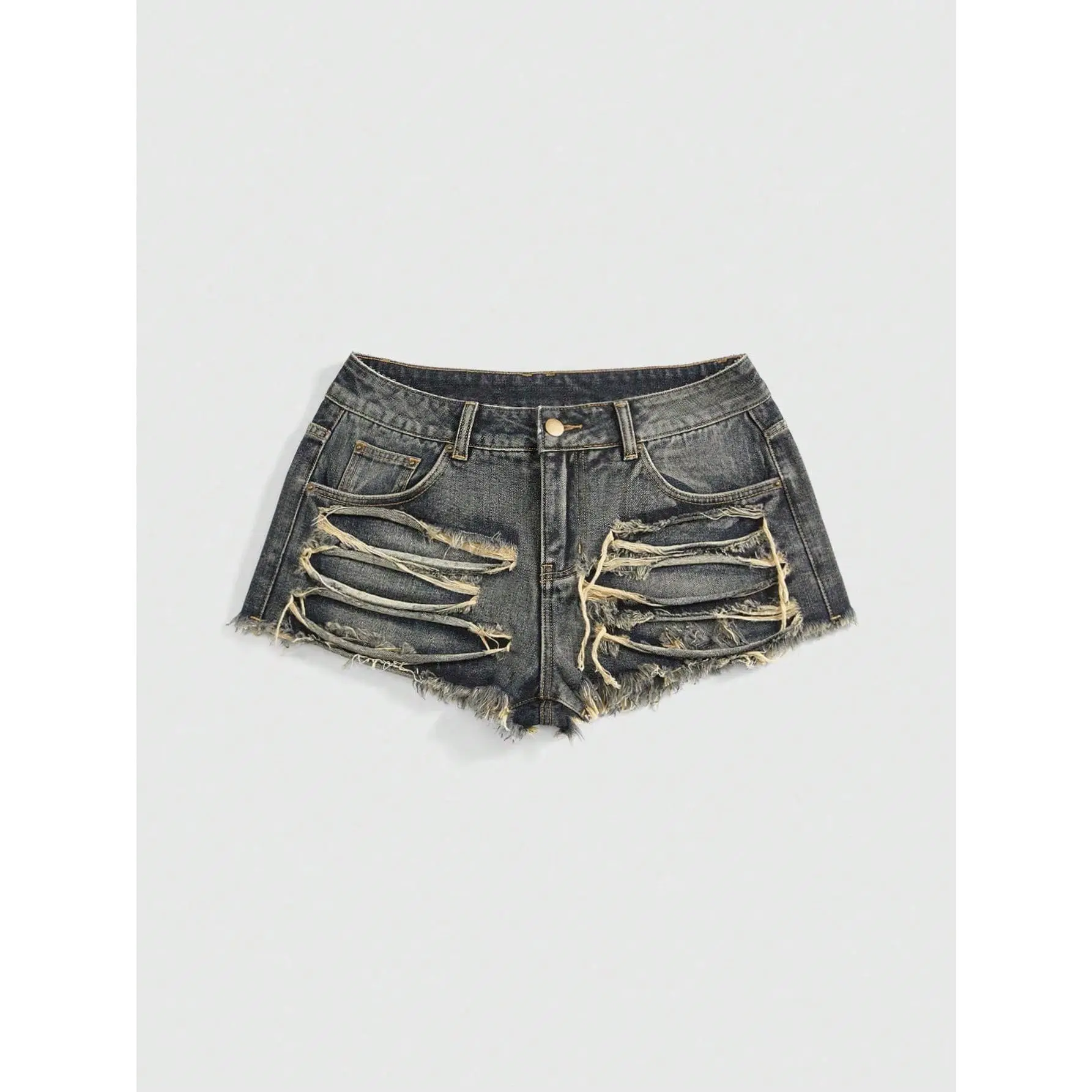 Spring/Summer Carnival Party Casual Asymmetrical Distressed Low Waist Mini Denim Shorts For Women, Concert