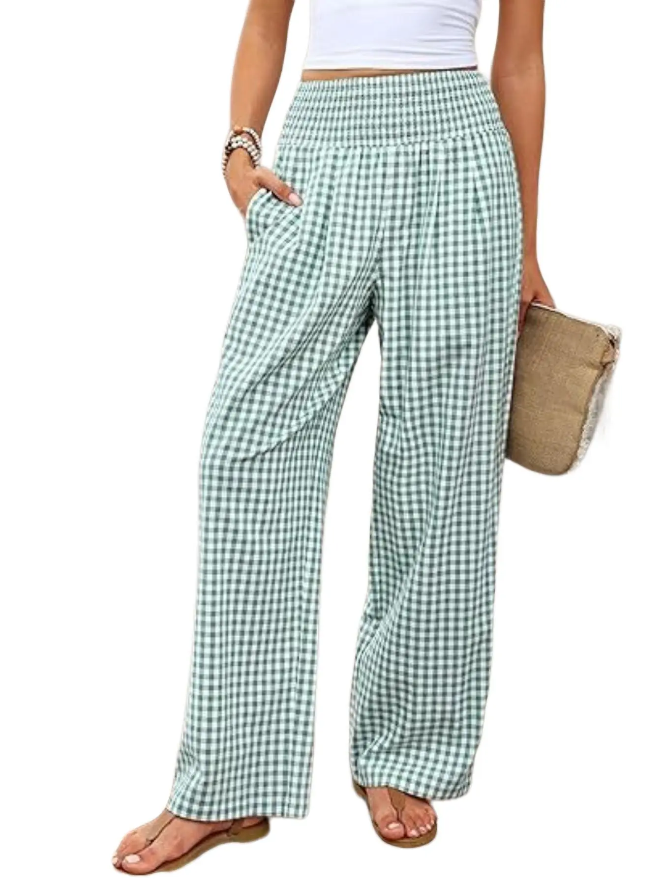 Women's High Waist Elastic Plaid Wide Leg Pants, Casual Fashion Trousers, Comfortable Loose Fit, Summer Casual Commuter Vacation Wear, Multiple Colors Available, Going Out Bottoms