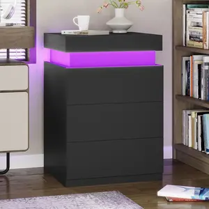 Sikaic Modern Nightstand with LED Lights & Charging Station Black 15.8"D x 17.7"W x 26.8"H Sliding Top Drawers for Bedroom & Living Room