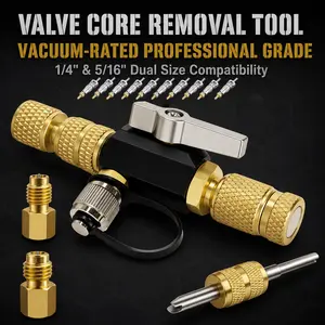 Upgrade Vacuum-Rated Valve Core Removal Tool, 2 Sizes 1/4 inch and 5/16 inch, For A2L Refrigerant, Mega Flow Vacuum-Rated Core Removal Tool,20 Microns Vacuum,Fast Recovery&Evacuation,Metal Handle,Vacuum-Rated Valve Core Removal Tool
