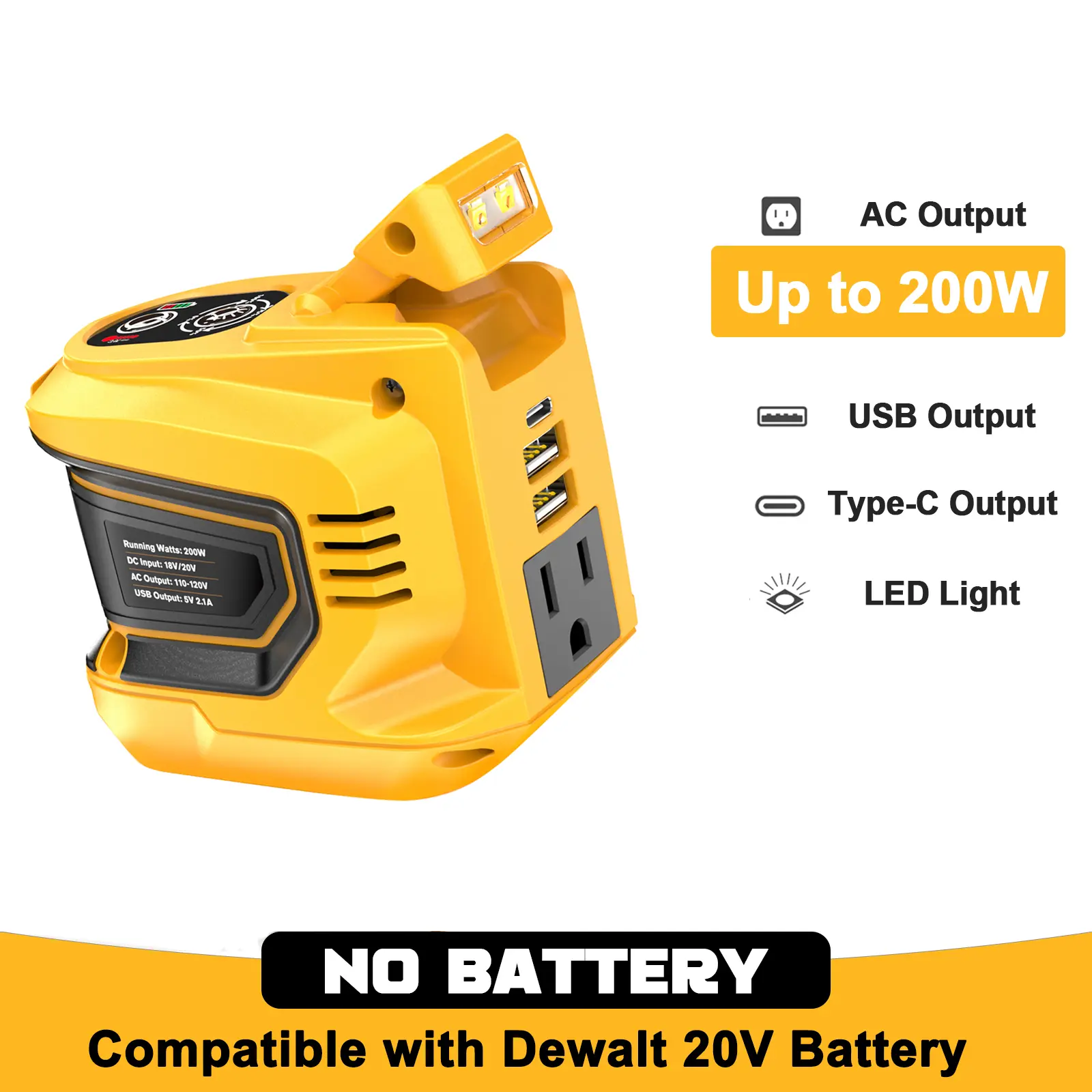 200W Power Inverter for Dewalt 20V Battery, Battery NOT Included, DC 20V to AC 110-120V Battery Inverter, Portable Power Station Generator with 2 USB Ports & 1 Type-C & 1 AC Outlet fathersdaygift