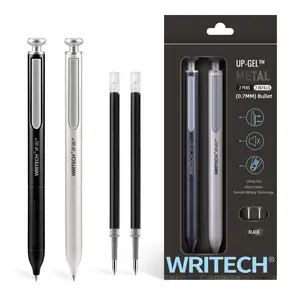 WRITECH Premium Metal Barrel Gel Pens, Retractable, Fine Point, 0.7mm, Black Ink, 2ct with 2 Refills, Quick Dry, No Smear & Bleed