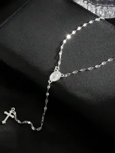 Unisex Rhodium-Plated Stainless Steel Cross Necklace - Rosary with 2 Pendants (Jesus & Mary), Link Chain, Crucifix/Long/Chain Jewelry for Daily Wear & Special Occasions, Long Necklaces