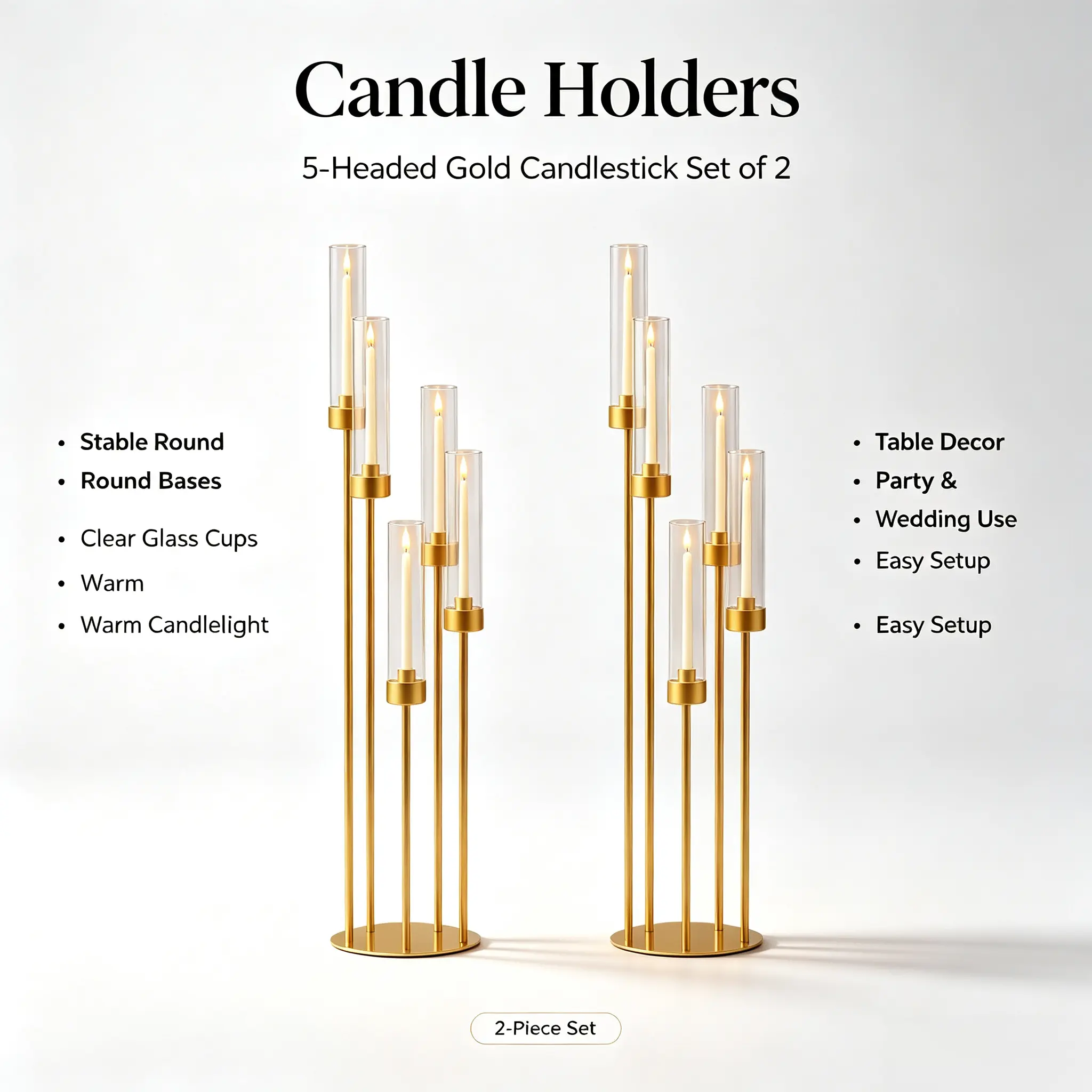 Decorative 42-in Metal 5-Pronged Glass Windproof Candle Holder 2-Piece Set - Gold/Silver/Black Candelabra, Electronic Candle Compatible, Rustic Home Supplies with ABS for Weddings, Outdoor Tabletop Decor, Engagement