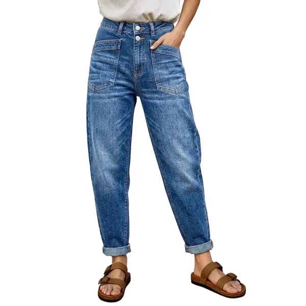 Flamingals Wash Roll Hem Patched Pocket High Waist Tapered Crop Jeans Womenswear Stretchy 26" Inseam