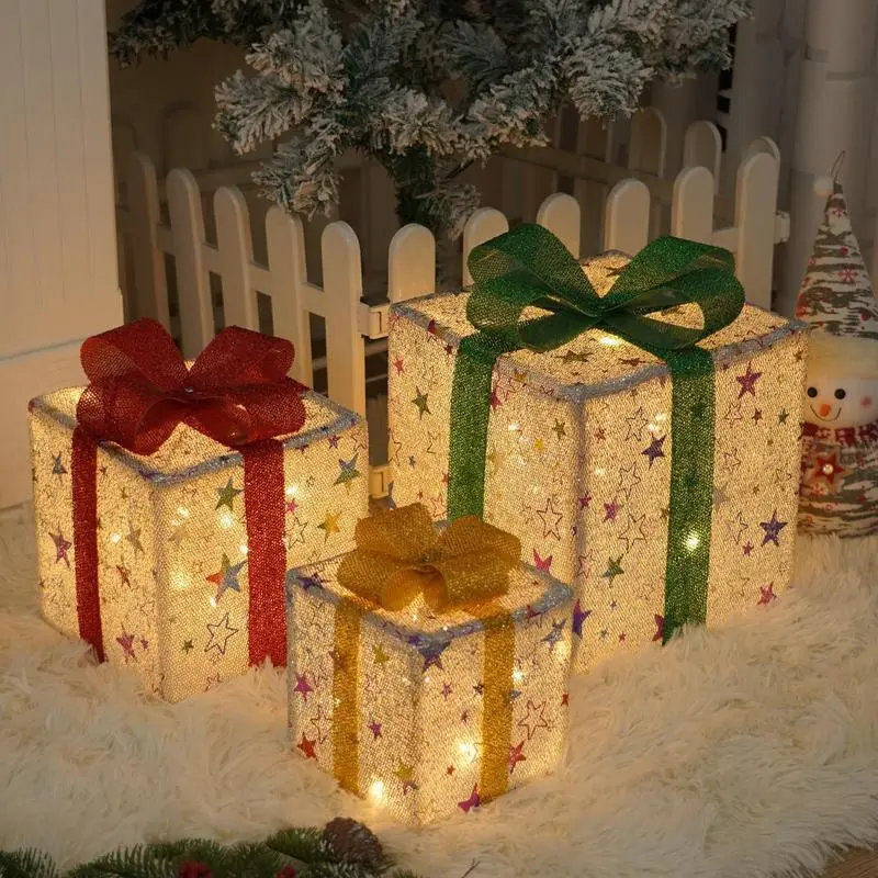 3-Piece Lighted Christmas Gift Boxes Set, Festive Ribbon Bow LED Decorations with Remote Control, Battery-Powered Warm Light, Indoor-Outdoor Holiday Use (Batteries Included, Outdoor Safe), Indoors