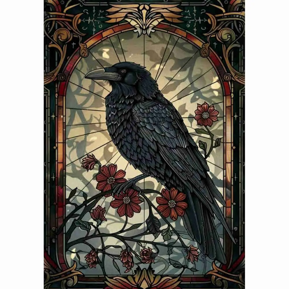 Gothic Black Raven With Red Flowers Stained Glass Art 5D Full Drill Round & Square Diamond Painting Kit, DIY Rhinestone Cross Stitch, Dark Fantasy Bird Wall Decor, Handicraft