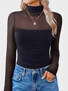 Sheer Mesh Patchwork High Neck Long Sleeve Top