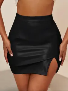 Classic best-selling PU leather Solid sexy slit bodycon Fit skirt for women