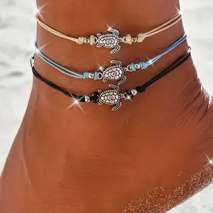 3pcs Vintage Silvery Turtle Pendant Anklet Handmade Bohemian Chain Ethnic Braided Adjustable Women Hemp Rope Anklet Exquisite Beach Foot Chain Jewelry Gift