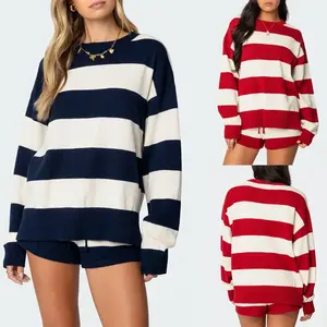 Women’s Striped Knit Sweater Set, 2-Piece Outfit – Oversized Long-Sleeve Sweater and Matching Shorts Loungewear Set