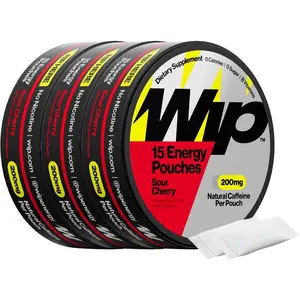 Wip Energy Pouches, Sugar Free Blend with 200 MG Natural Caffeine, B Vitamins, Minerals & L Theanine for Energy Support, Pre Workout for Active Lifestyles, Sour Cherry, 3 Cans, 15 Pouches per can